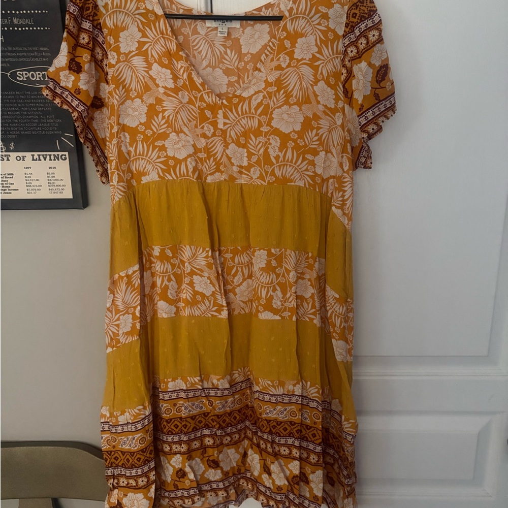 Umgee Mustard Yellow & White Boho V-Neck Mini Dress